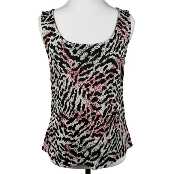 St John Knit Lopard Print Shell Tank Top Womens S Black White Red Scoop Neck